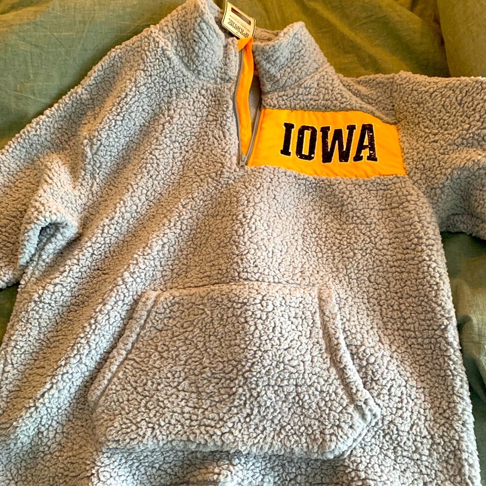 PINK Victoria's Secret Light Blue Sherpa Pullover with Yellow Iowa Patch